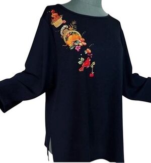 Quacker Factory Black Embroidered Cornucopia Cardinal Holiday Tunic XL NWT